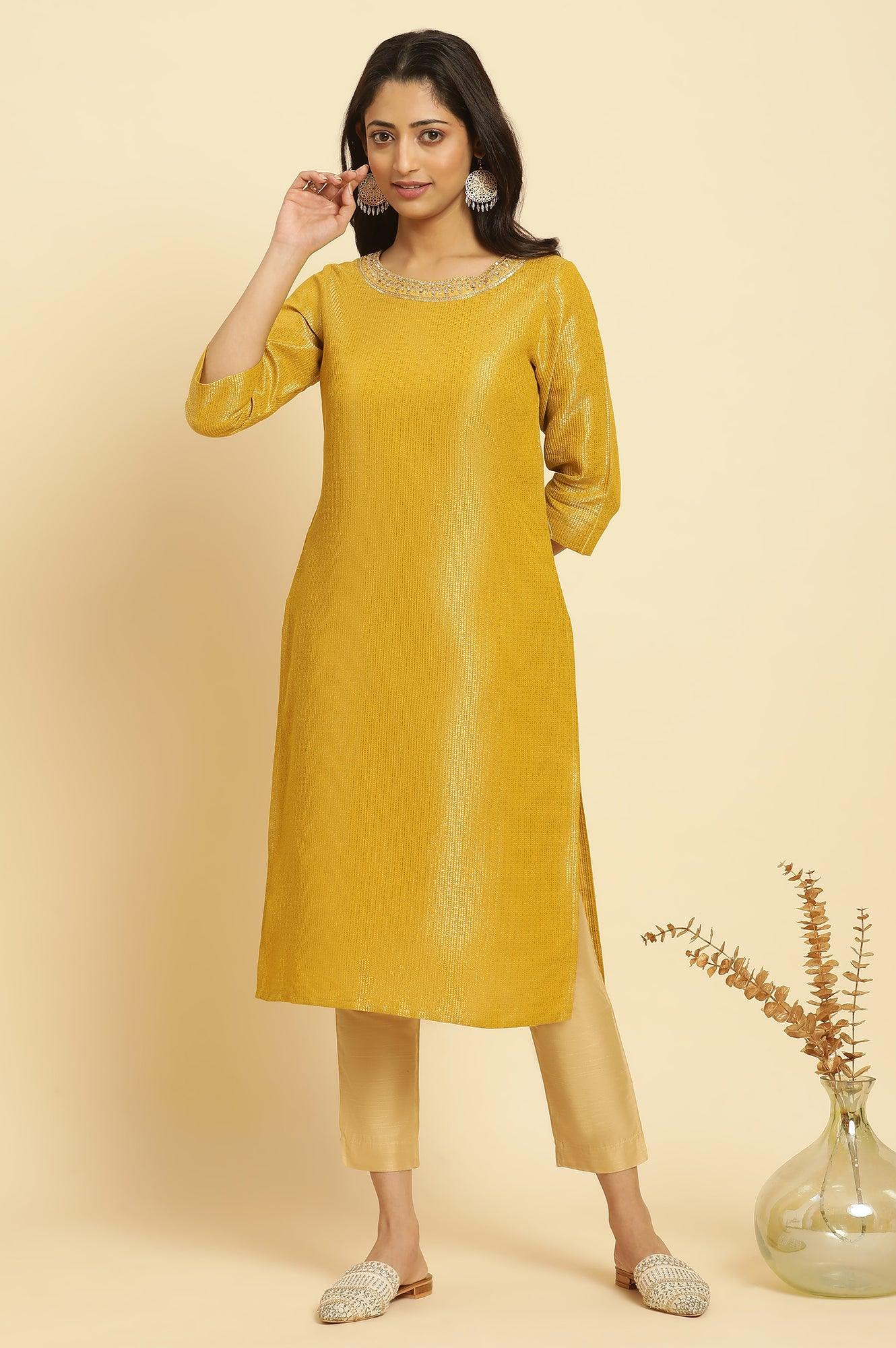 W for Woman Yellow Zari Dobby Festive Kurta With Embellished Kurta