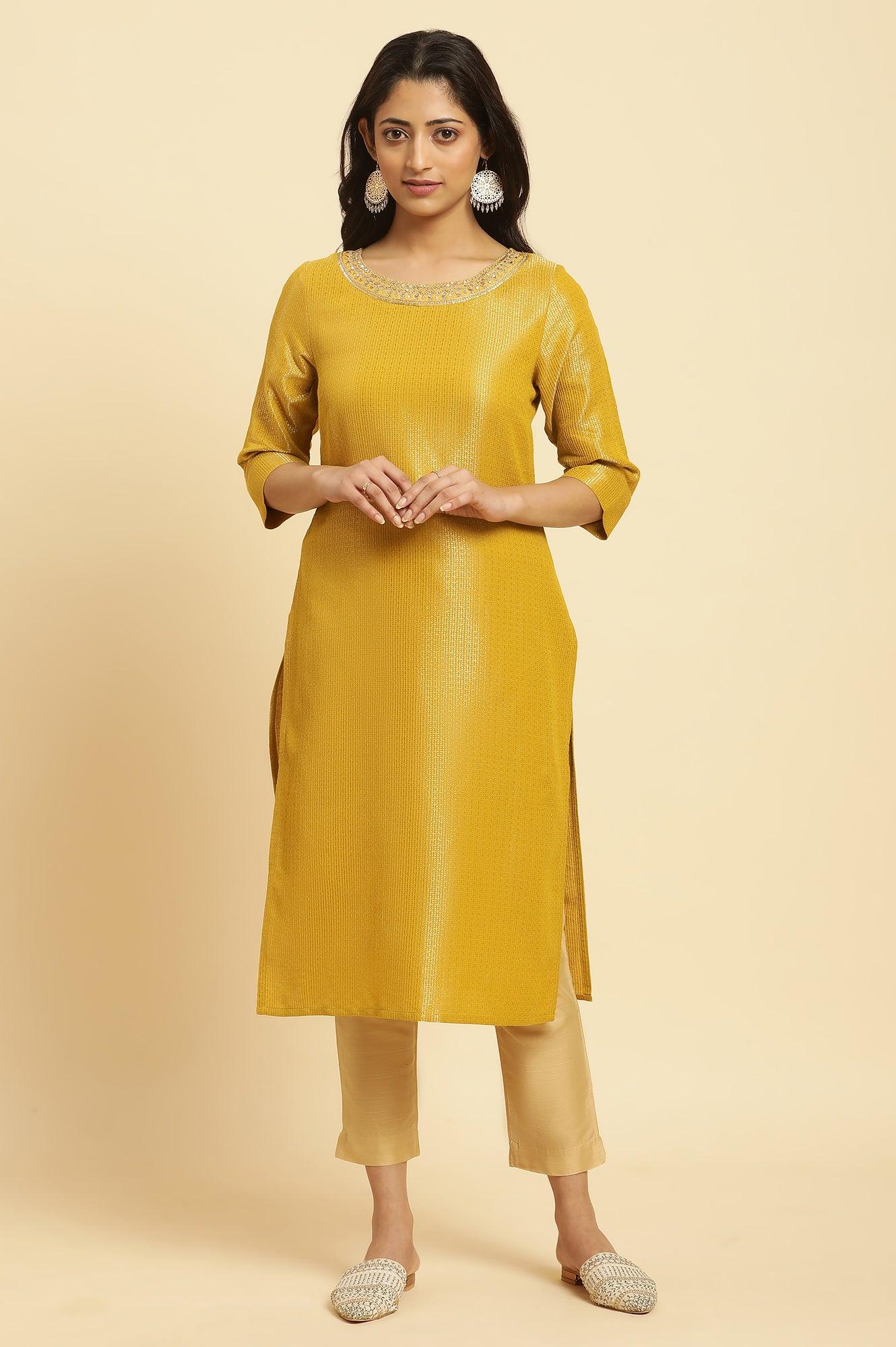 W for Woman Yellow Zari Dobby Festive Kurta With Embellished Kurta