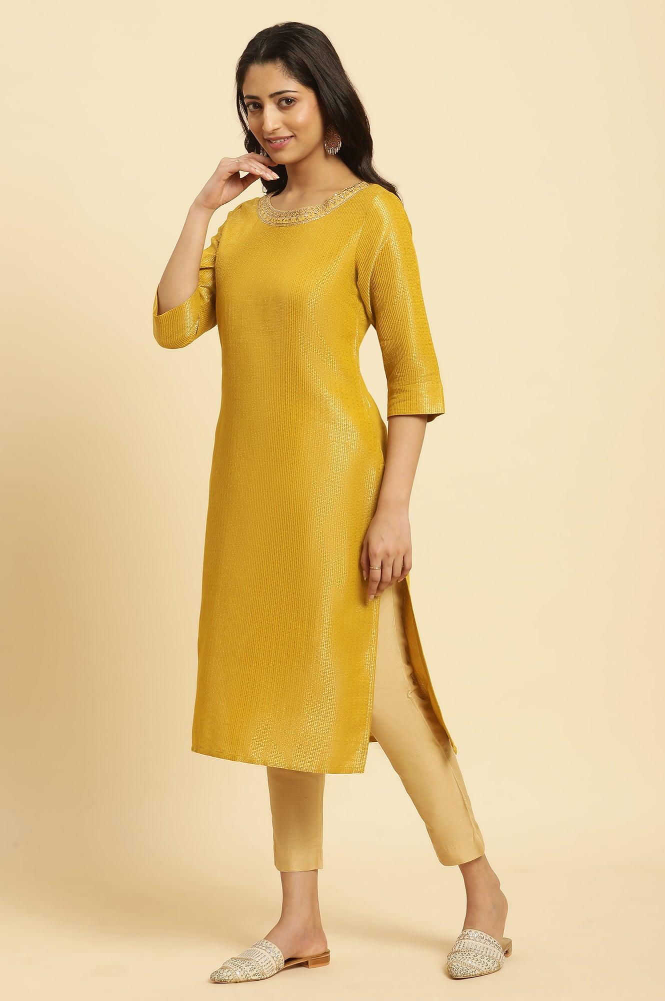 W for Woman Yellow Zari Dobby Festive Kurta With Embellished Kurta