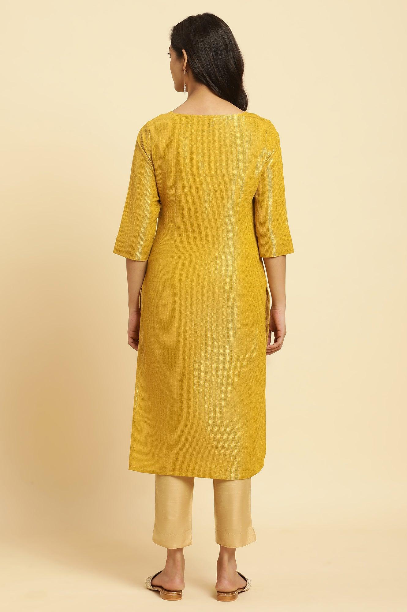 W for Woman Yellow Zari Dobby Festive Kurta With Embellished Kurta