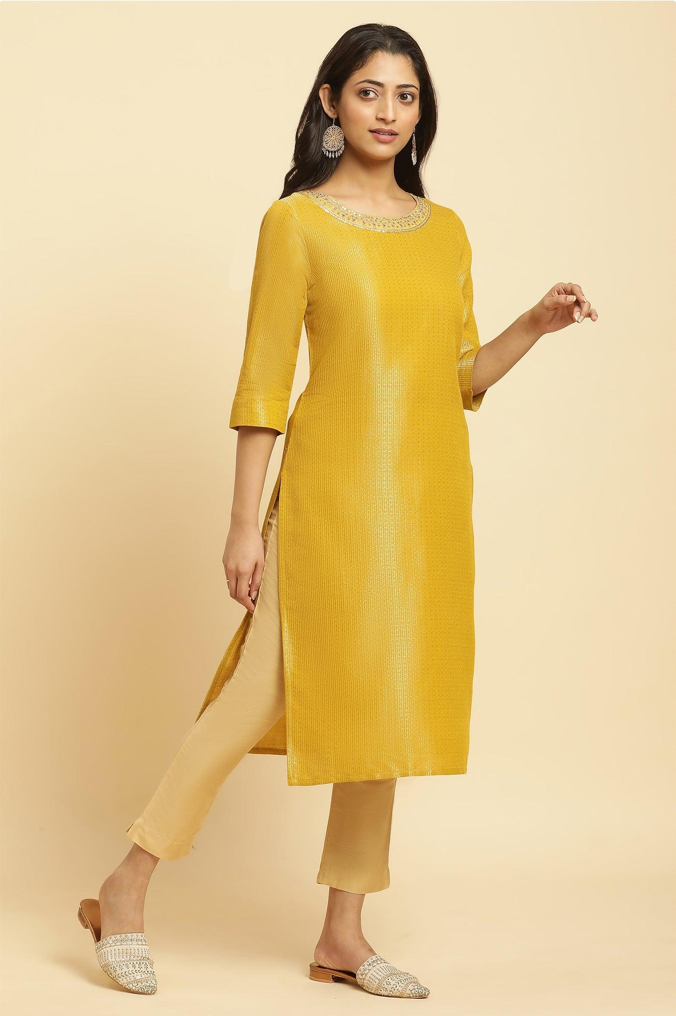 W for Woman Yellow Zari Dobby Festive Kurta With Embellished Kurta