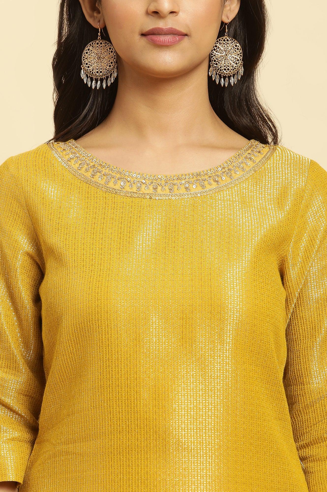 W for Woman Yellow Zari Dobby Festive Kurta With Embellished Kurta