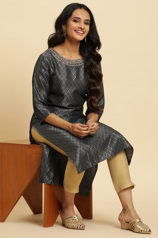 W for Woman Grey Solid Sequined Straight Cotton Kurta