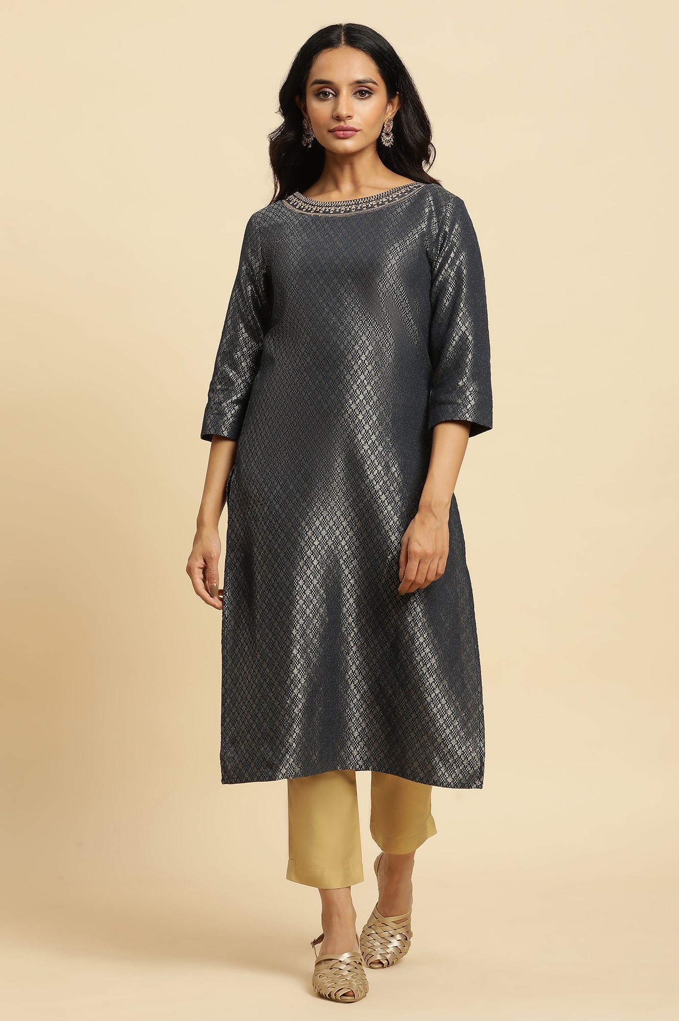 W for Woman Grey Solid Sequined Straight Cotton Kurta