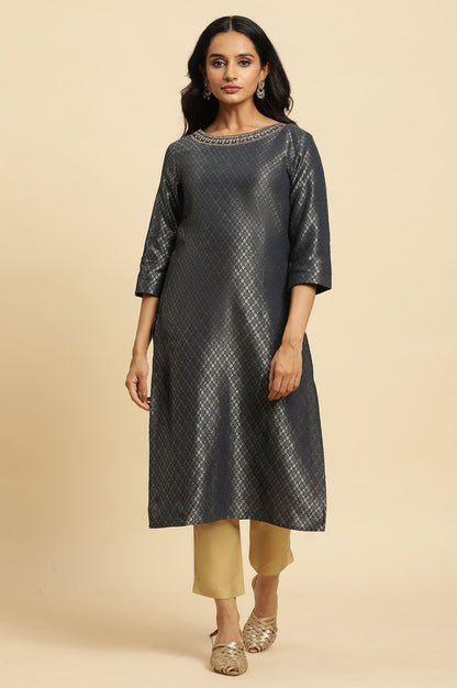 W for Woman Grey Solid Sequined Straight Cotton Kurta