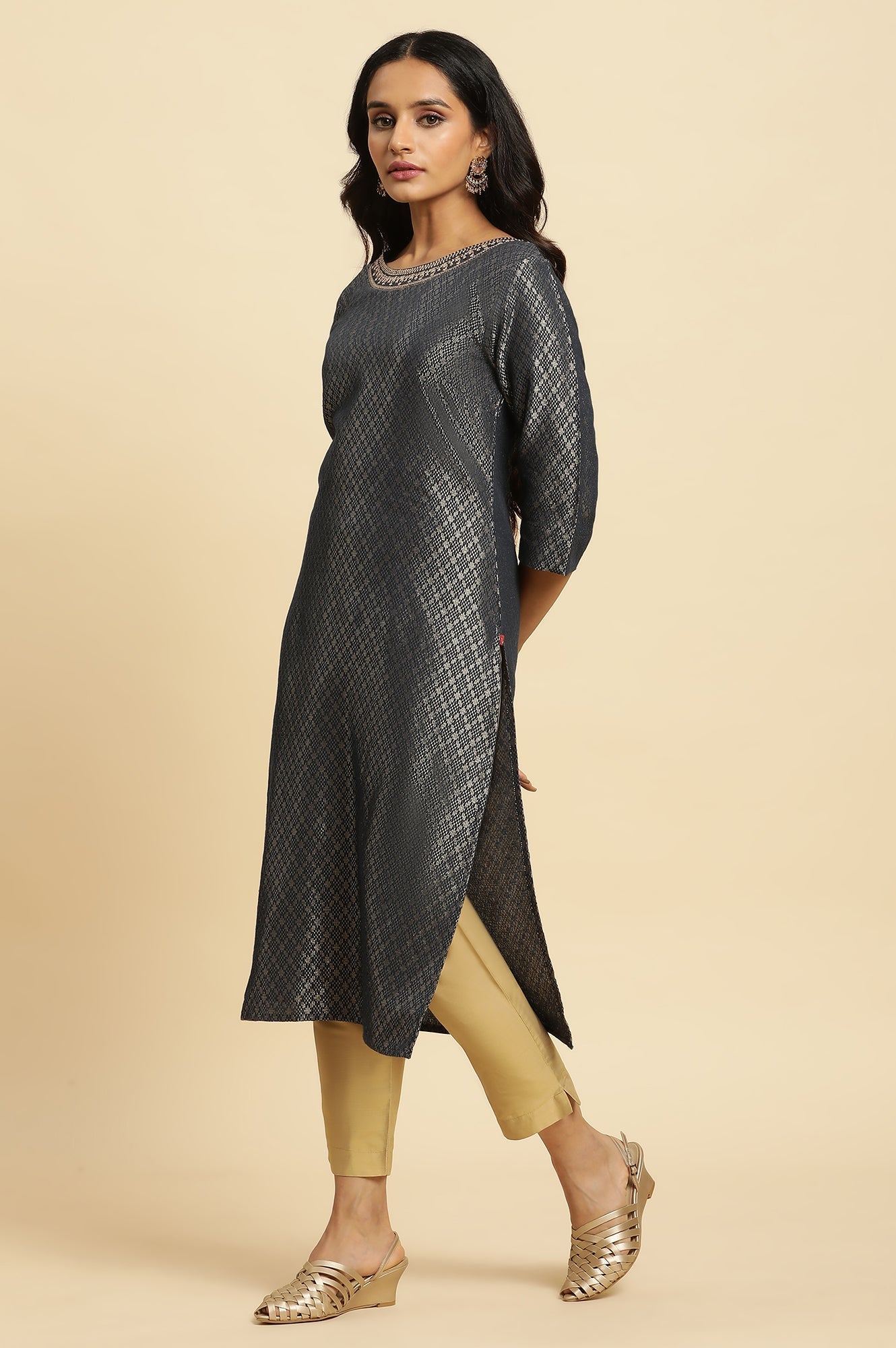W for Woman Grey Solid Sequined Straight Cotton Kurta