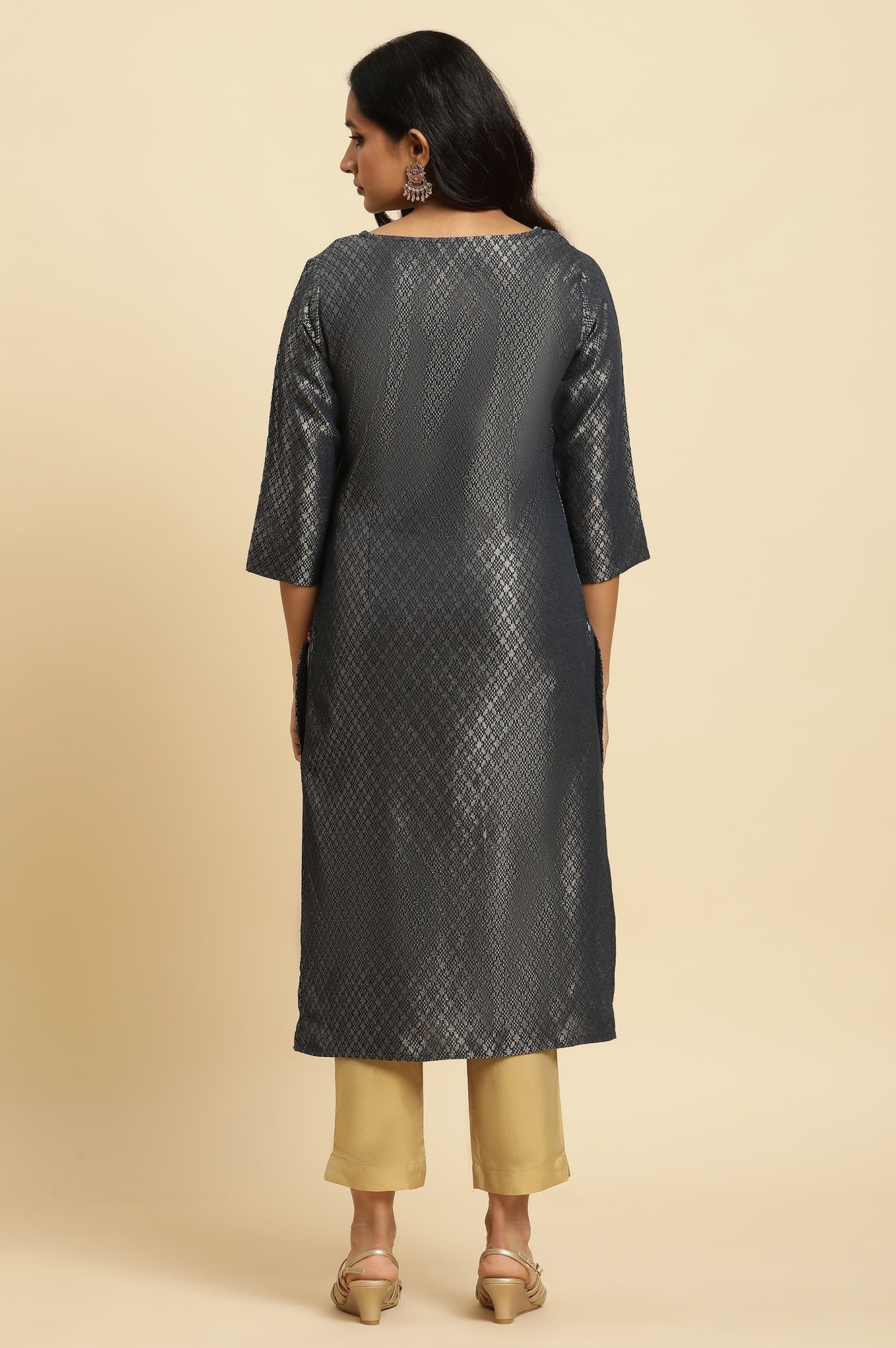 W for Woman Grey Solid Sequined Straight Cotton Kurta