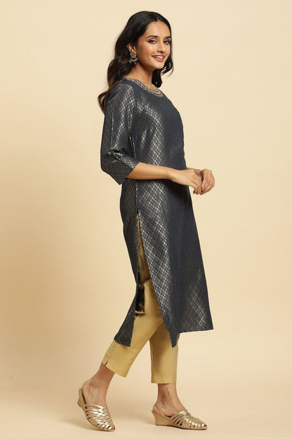 W for Woman Grey Solid Sequined Straight Cotton Kurta