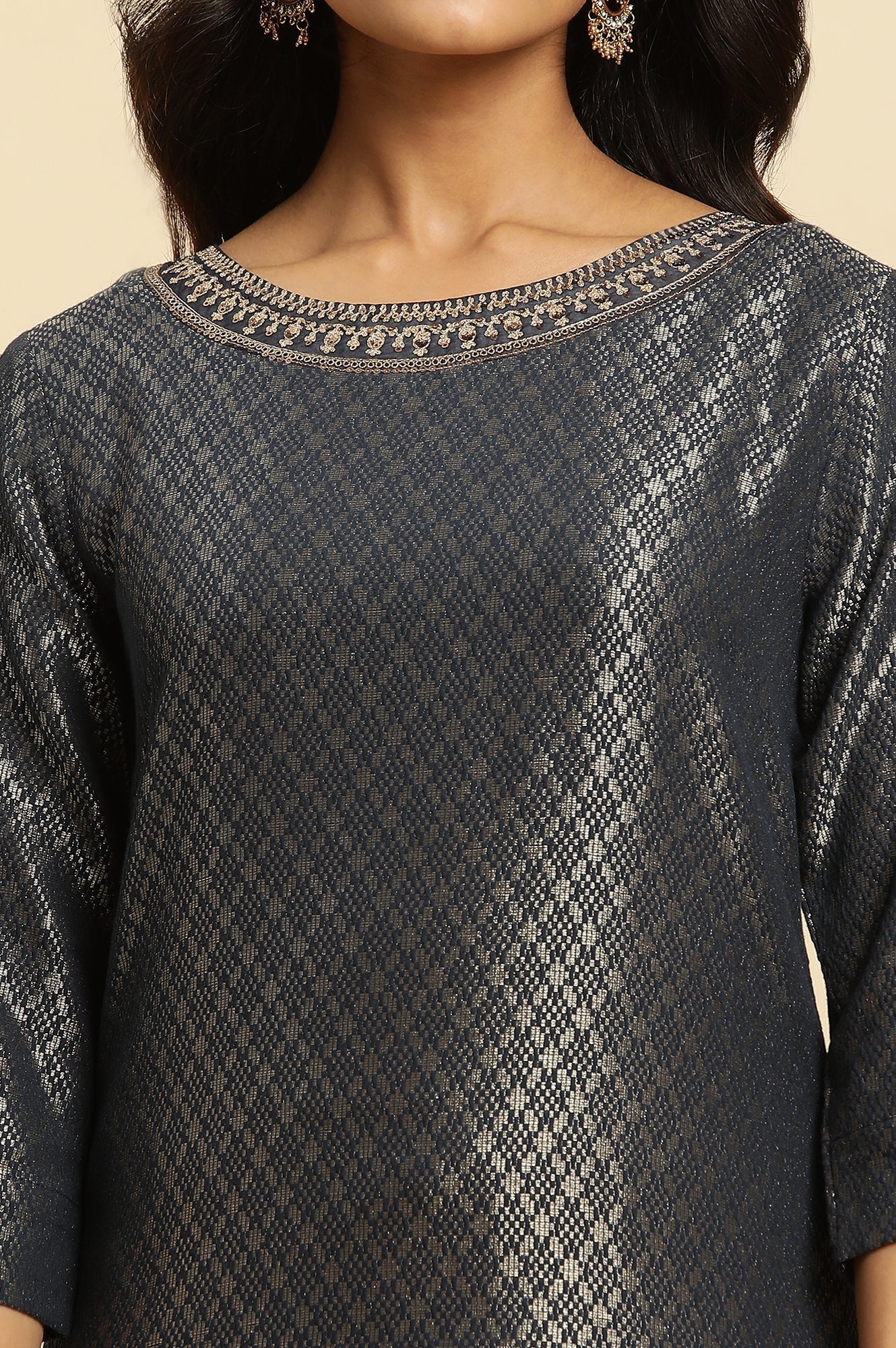 W for Woman Grey Solid Sequined Straight Cotton Kurta