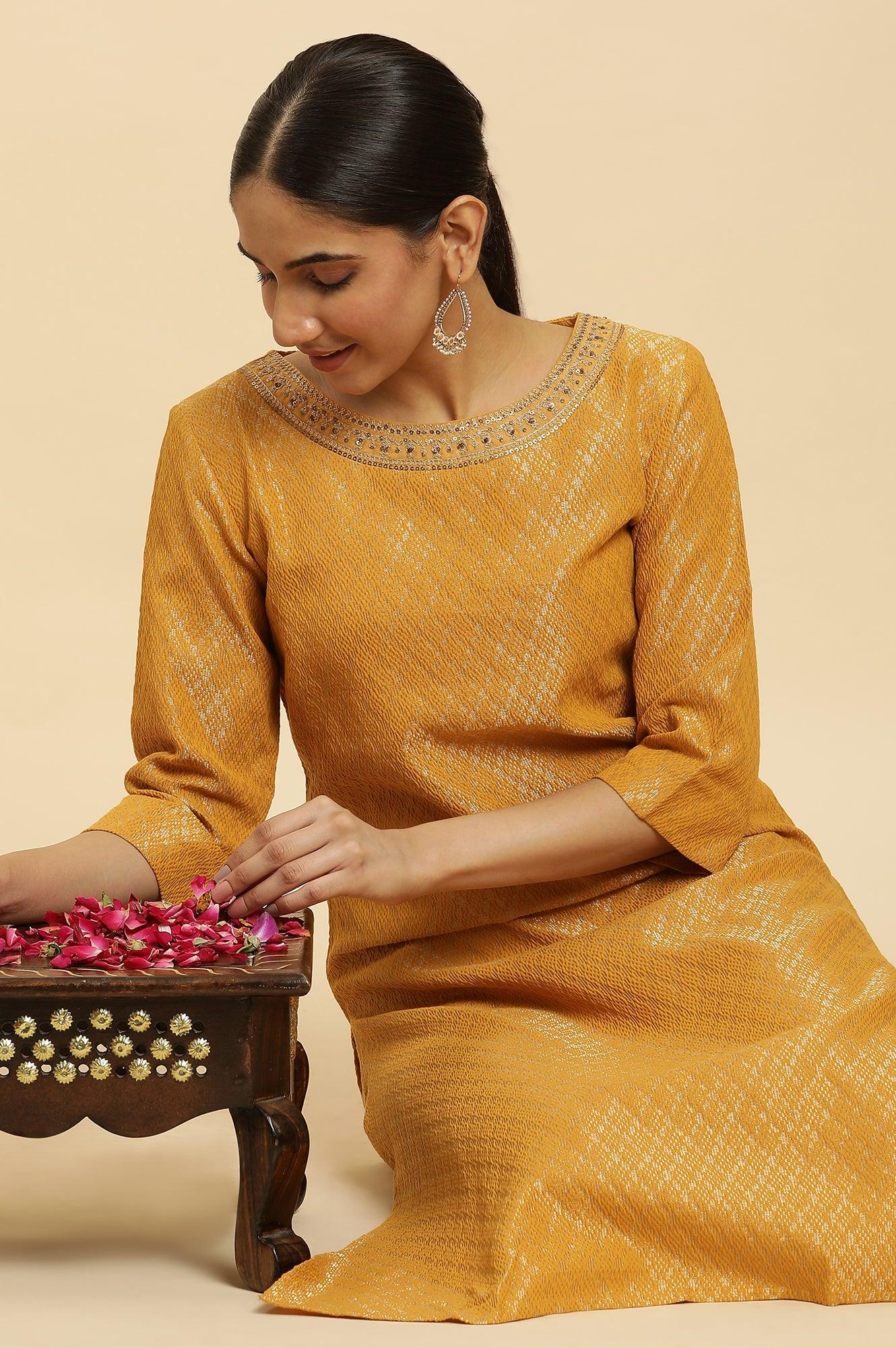W for Woman Yellow Dobby Embellished Kurta