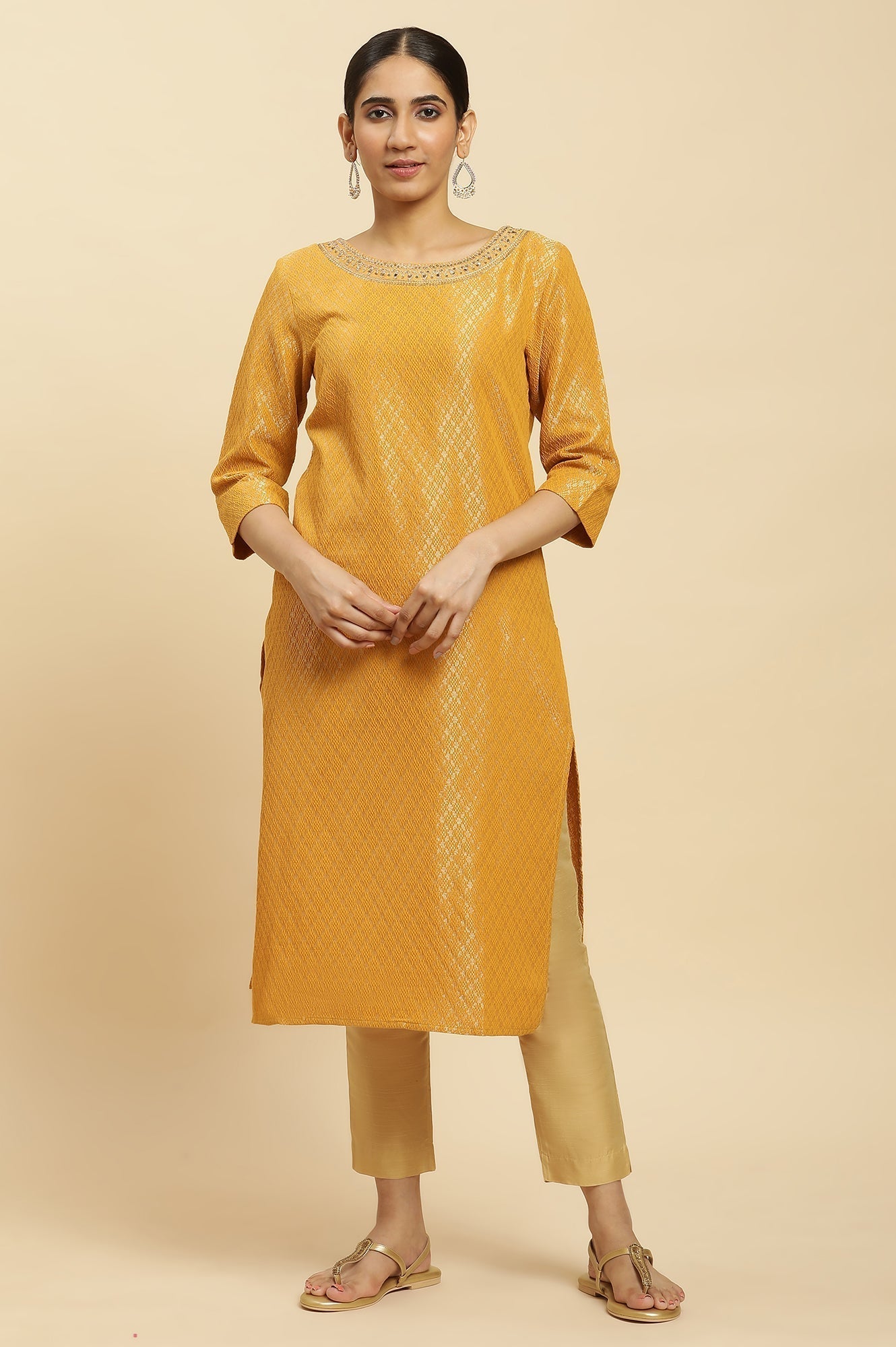 W for Woman Yellow Solid Sequined Straight Cotton Kurta
