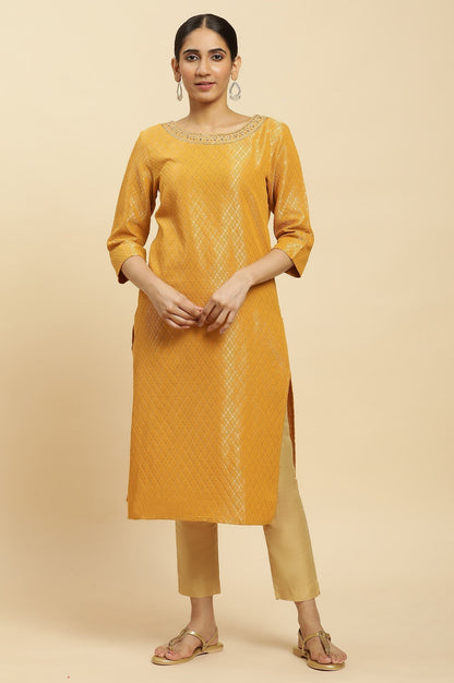 W for Woman Yellow Solid Sequined Straight Cotton Kurta
