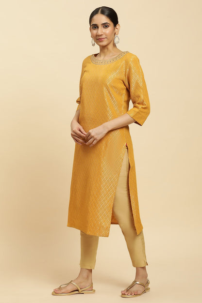 W for Woman Yellow Solid Sequined Straight Cotton Kurta