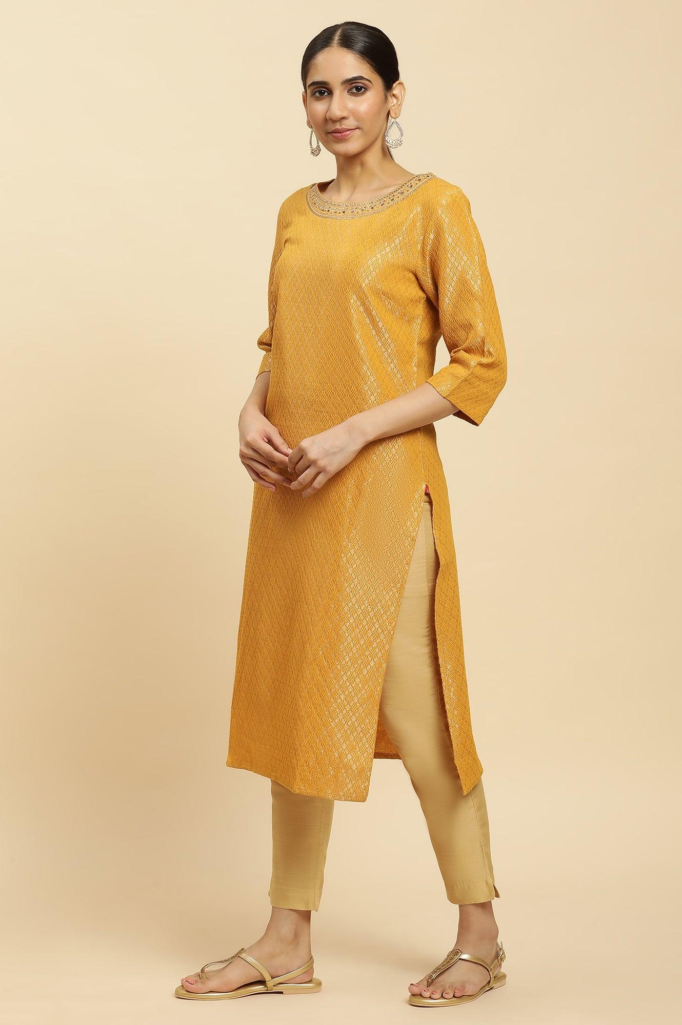 W for Woman Yellow Dobby Embellished Kurta