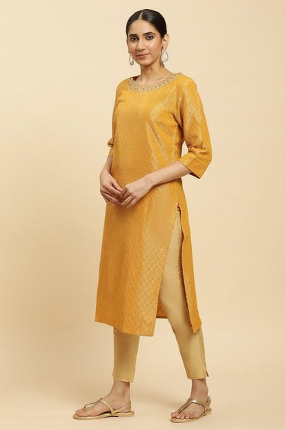 W for Woman Yellow Dobby Embellished Kurta