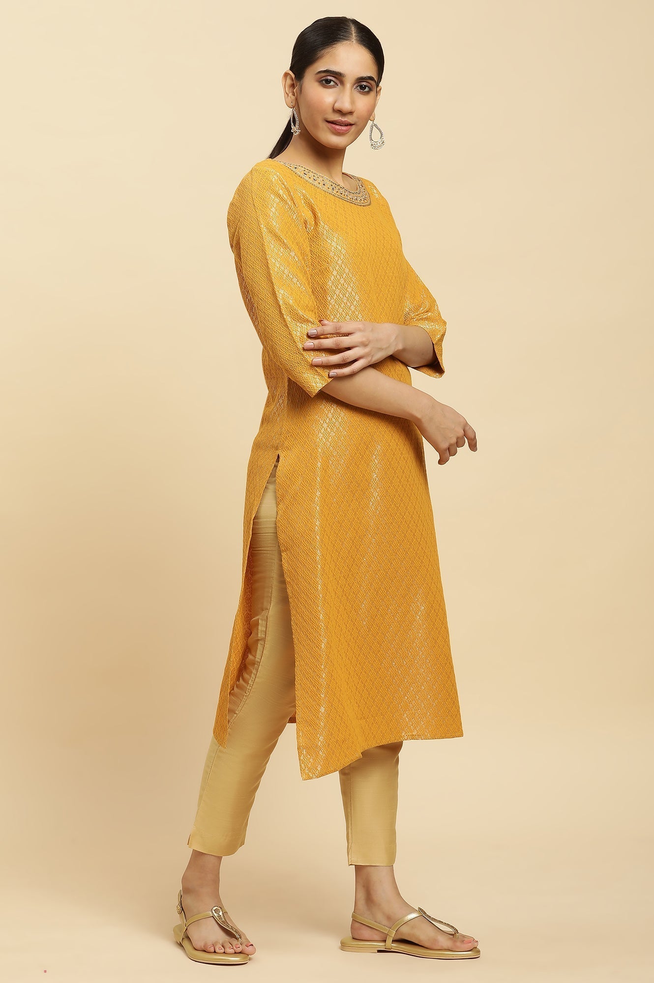 W for Woman Yellow Solid Sequined Straight Cotton Kurta