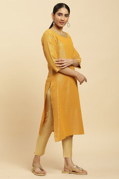 W for Woman Yellow Solid Sequined Straight Cotton Kurta