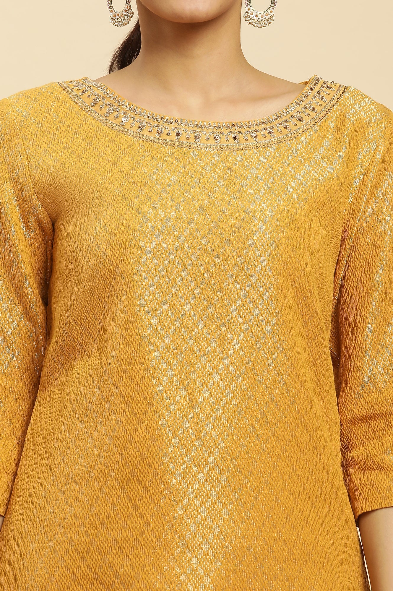 W for Woman Yellow Solid Sequined Straight Cotton Kurta