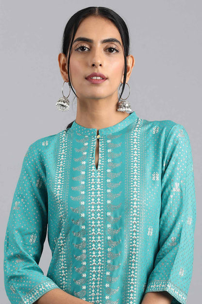 W for Woman Blue Floral Printed Straight Kurta with Slim Pant Set