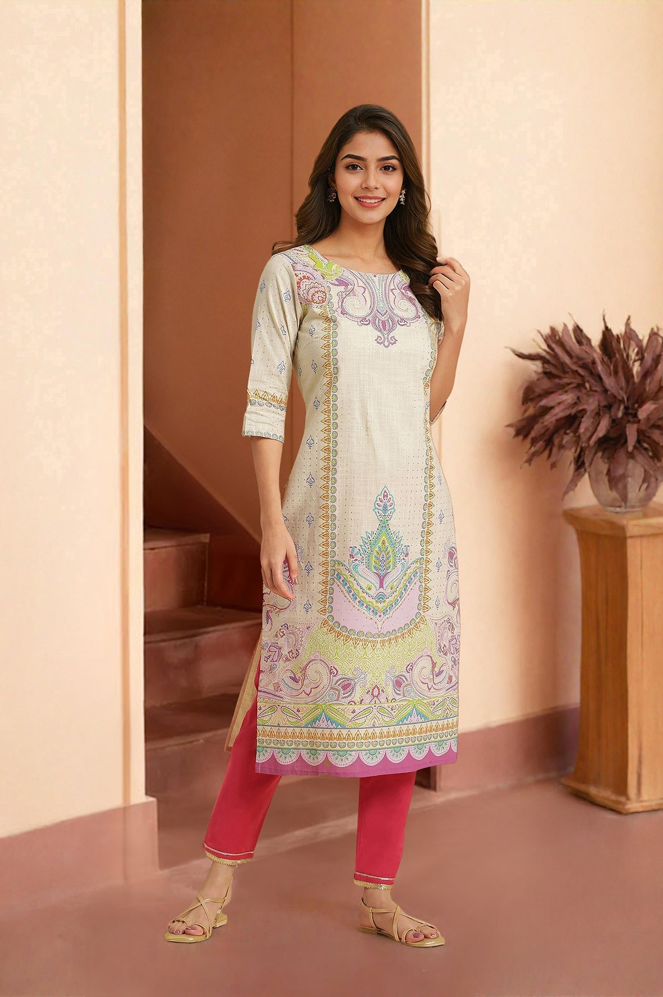 W for Woman White Ethnic Motif Pure Cotton Straight Kurta