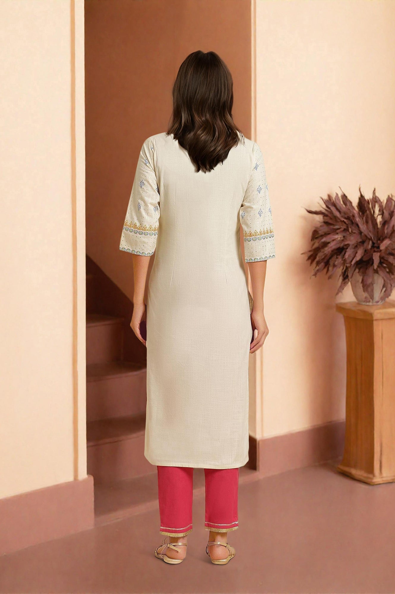 W for Woman White Ethnic Motif Pure Cotton Straight Kurta