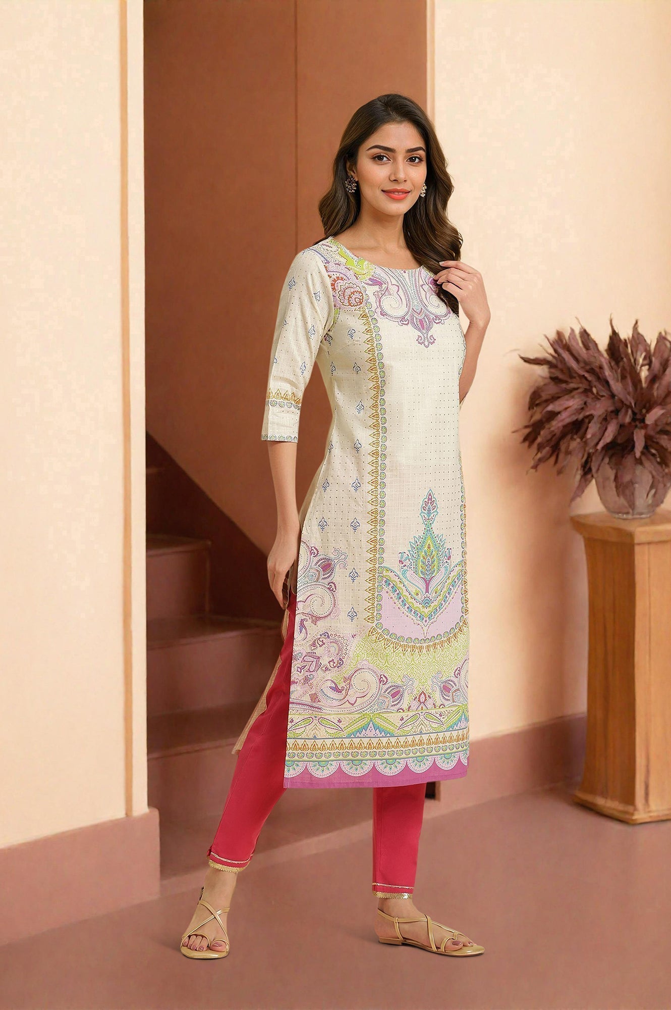 W for Woman White Ethnic Motif Pure Cotton Straight Kurta