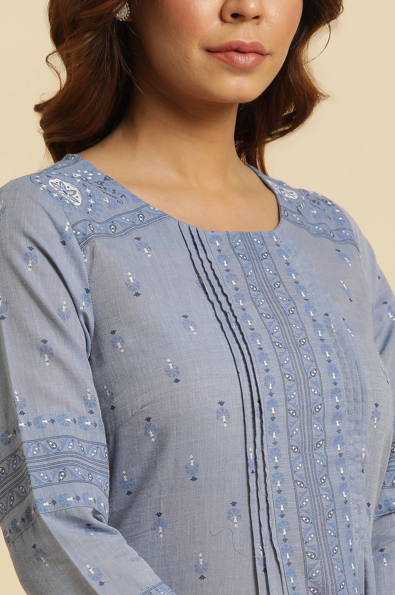 W for Woman Frost Blue Floral Printed Pure Cotton A-line Kurta with Slim Pant Set