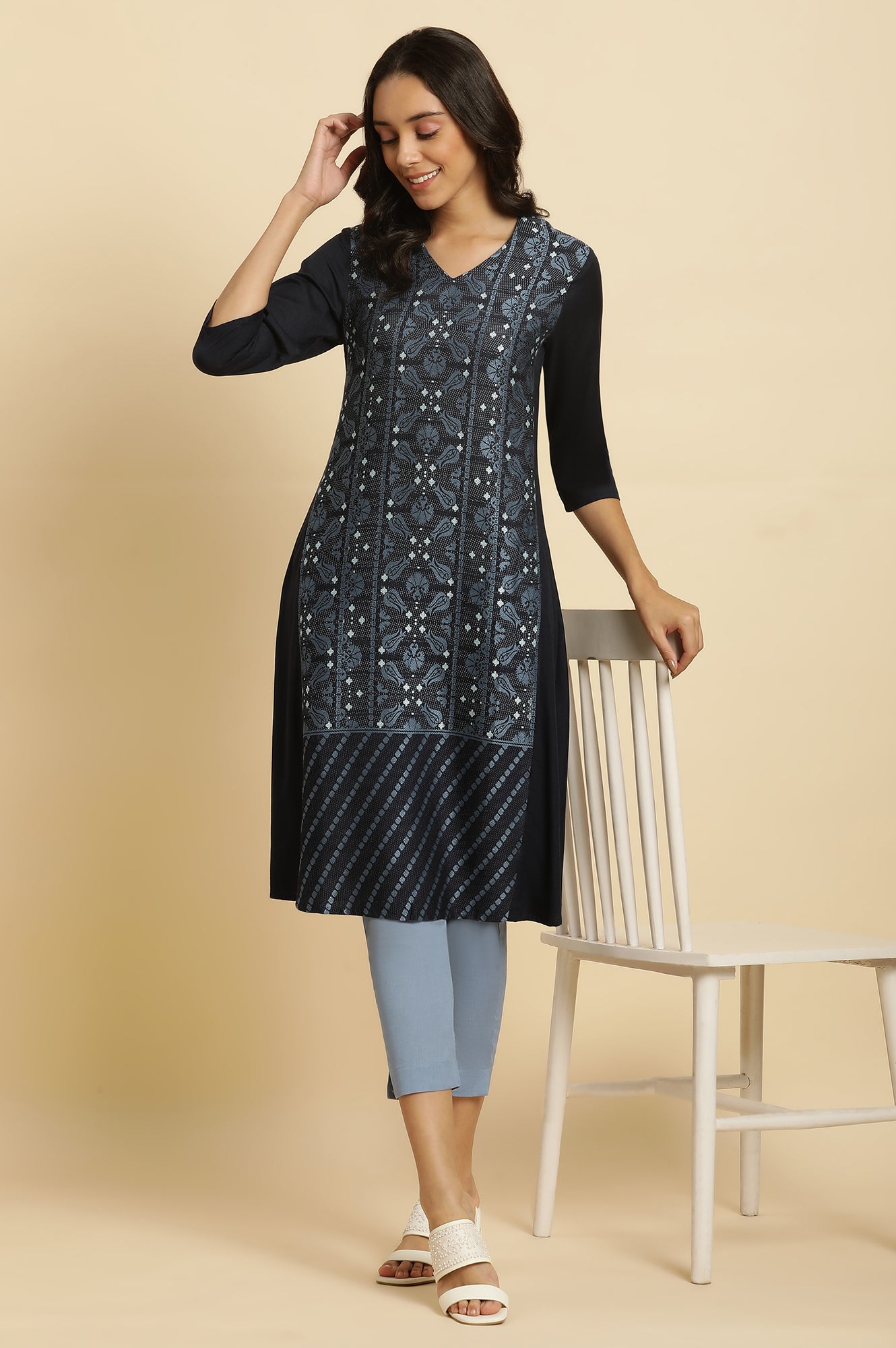 W for Woman Blue Suzani Motif Dobby Kurta