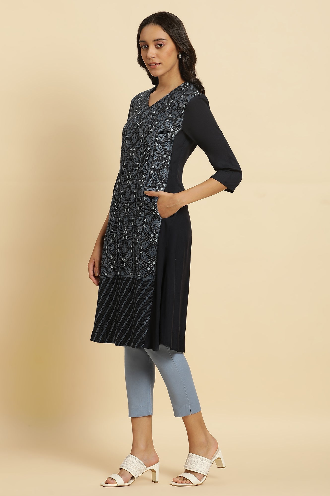 W for Woman Blue Rayon Flared Kurta and Slim Pant Set
