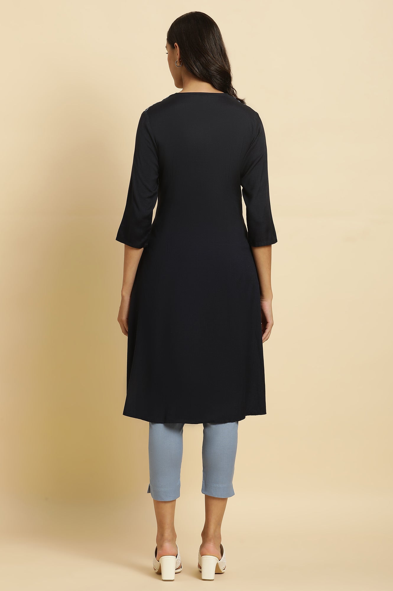 W for Woman Blue Rayon Flared Kurta and Slim Pant Set