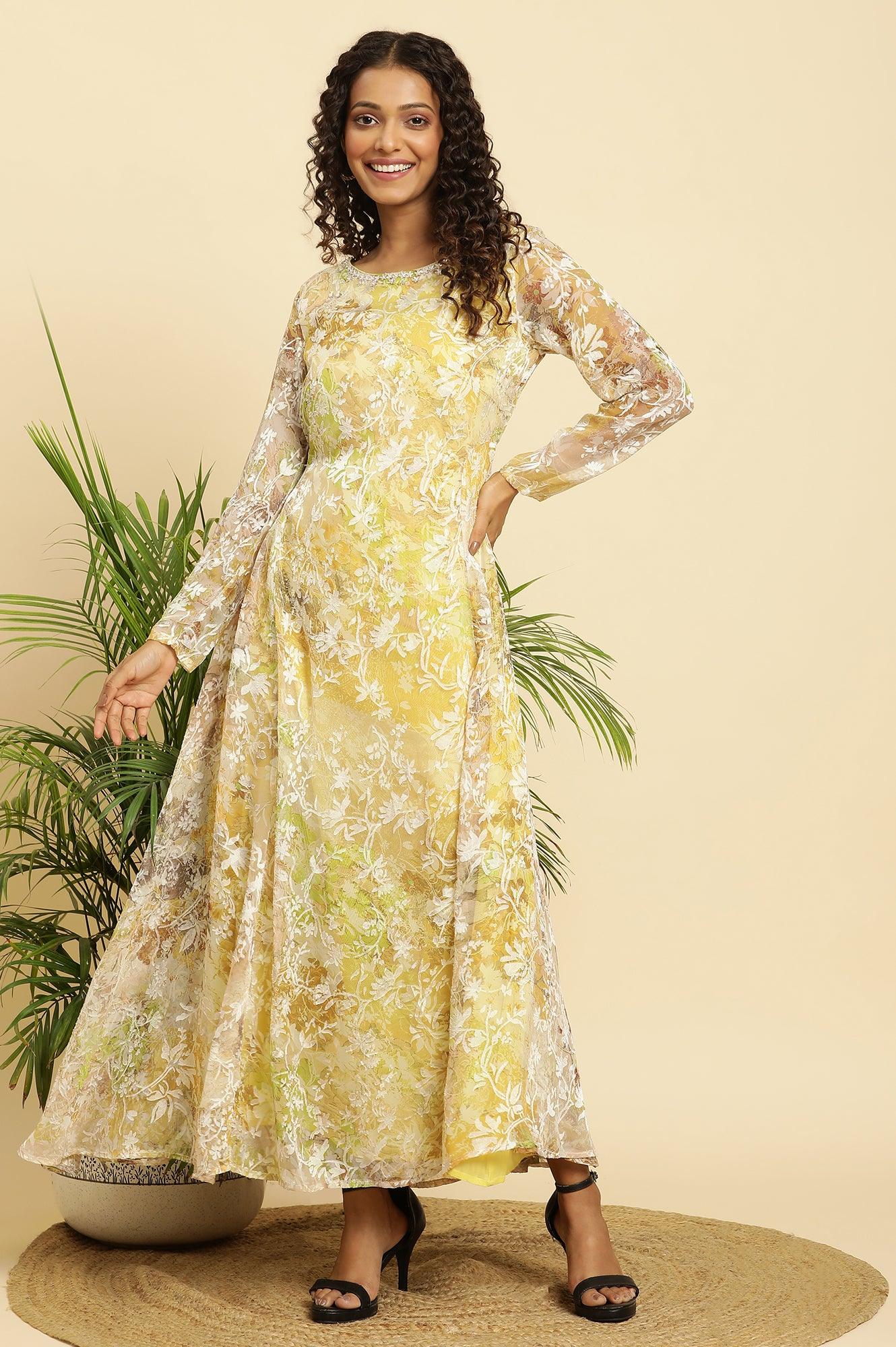 W for Woman Yellow Self-Designed Flared Dress