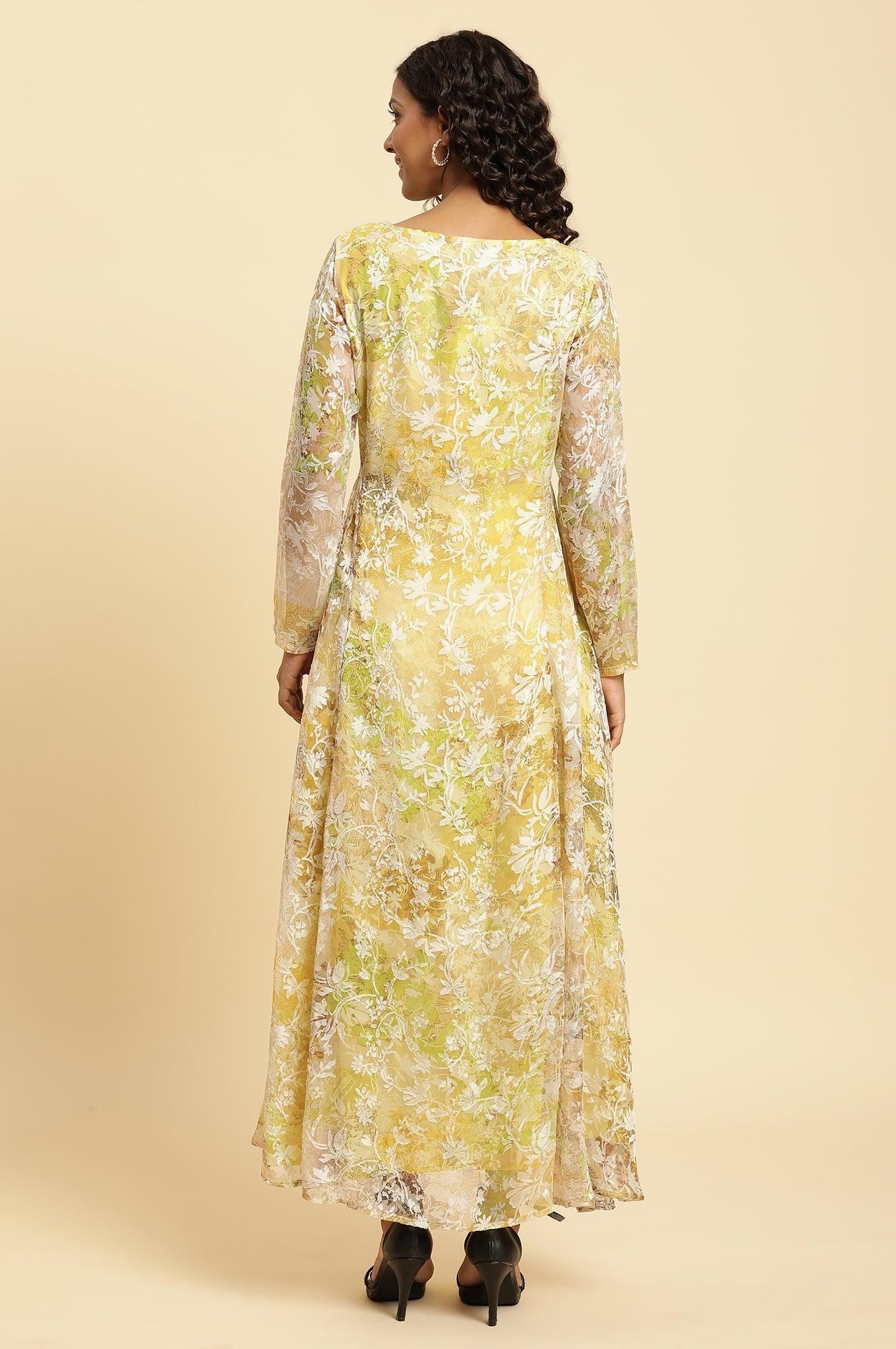W for Woman Yellow Self-Designed Flared Dress