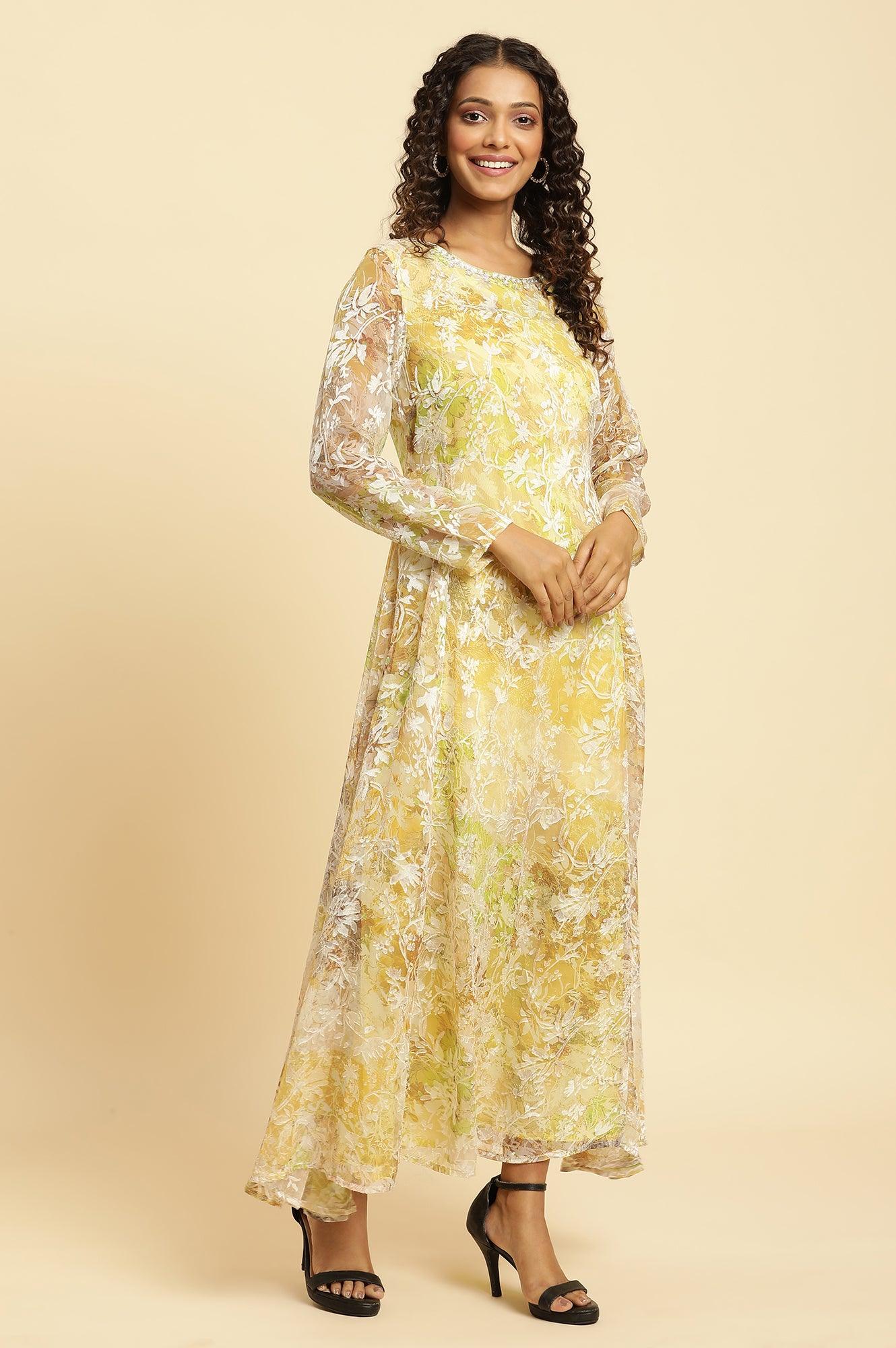 W for Woman Yellow Self-Designed Flared Dress