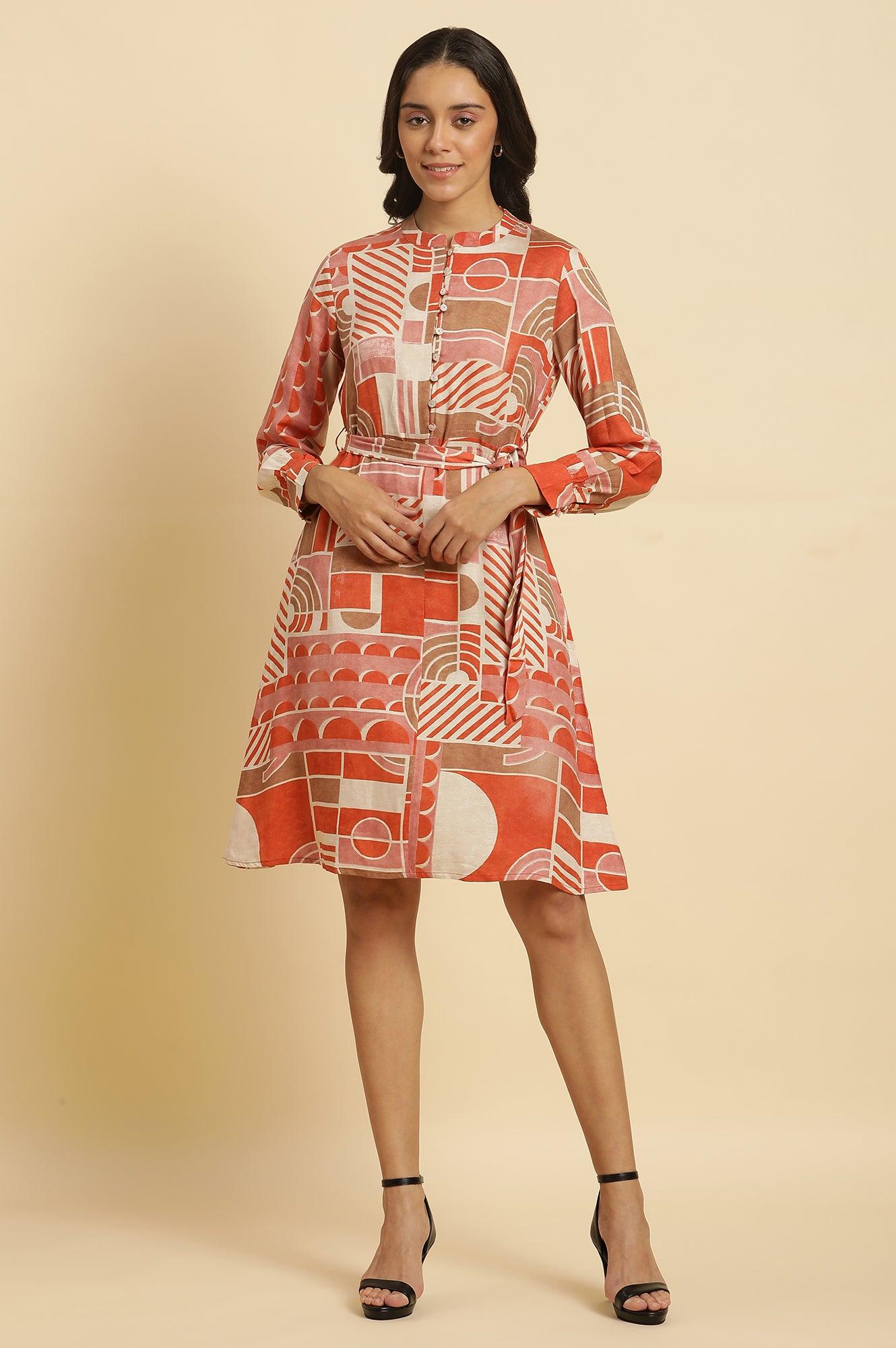 W for Woman Orange Abstract Printed Western Dress