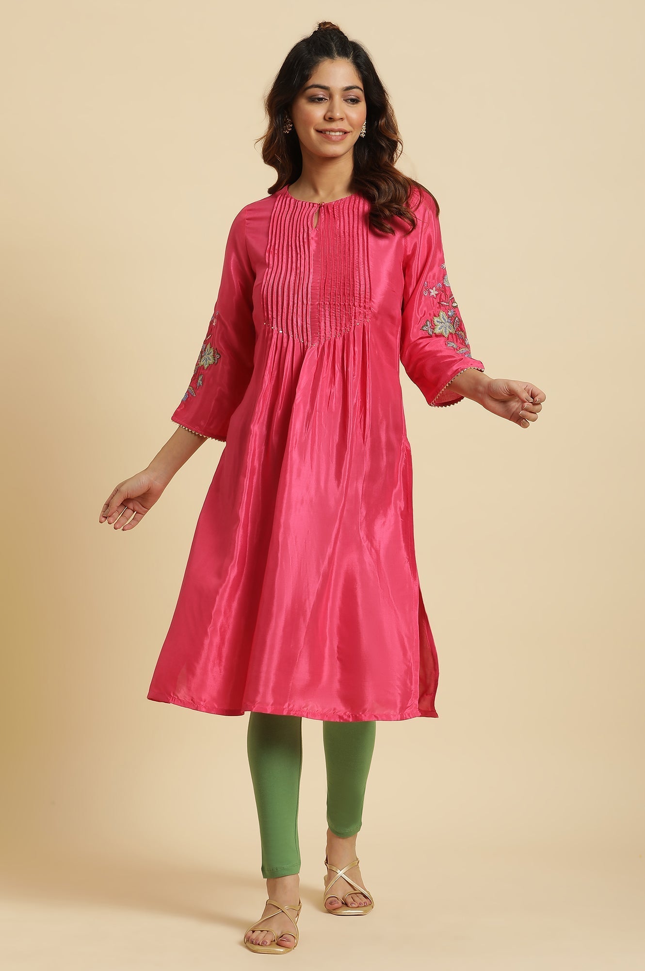 W for Woman Pink Floral Embroidered Festive Kurta