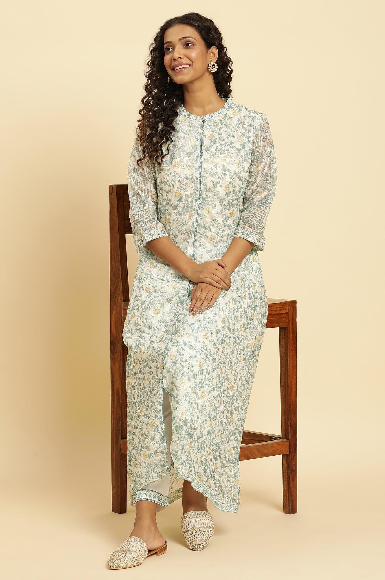 W for Woman Ecru Kota Kurta With Green Floral Print