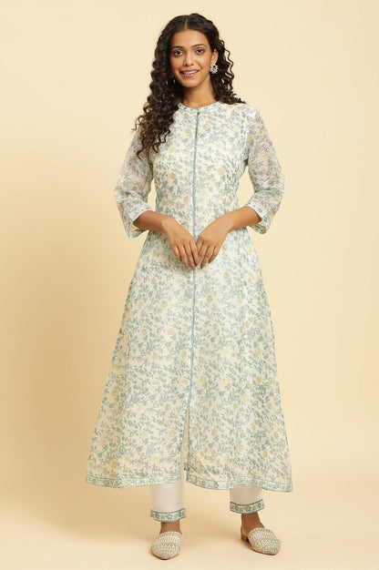 W for Woman Ecru Kota Kurta With Green Floral Print