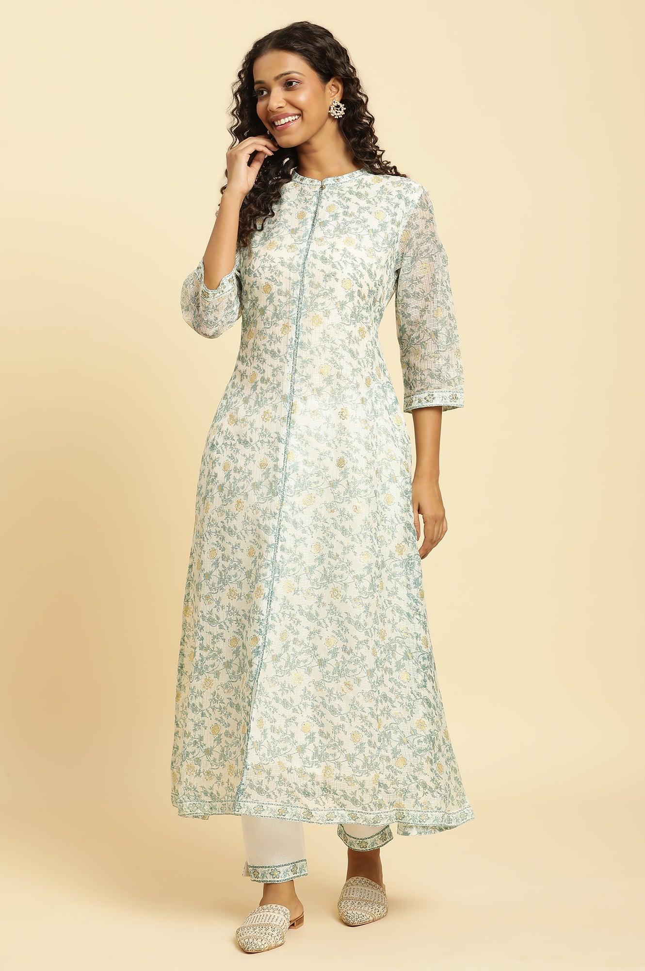 W for Woman Ecru Kota Kurta With Green Floral Print