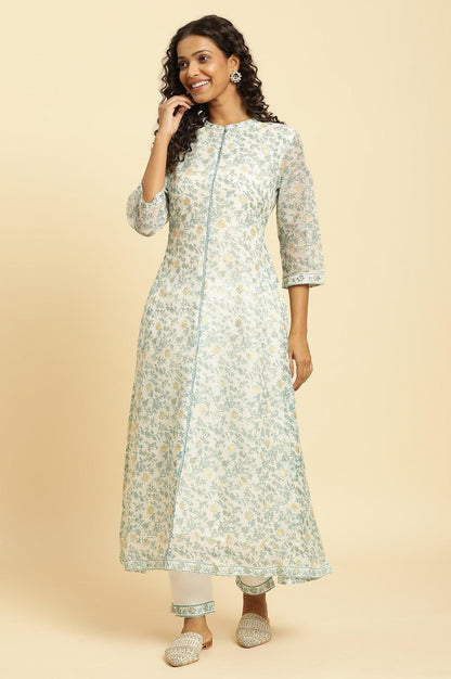 W for Woman Ecru Kota Kurta With Green Floral Print
