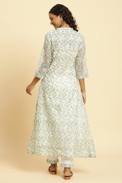 W for Woman Ecru Kota Kurta With Green Floral Print