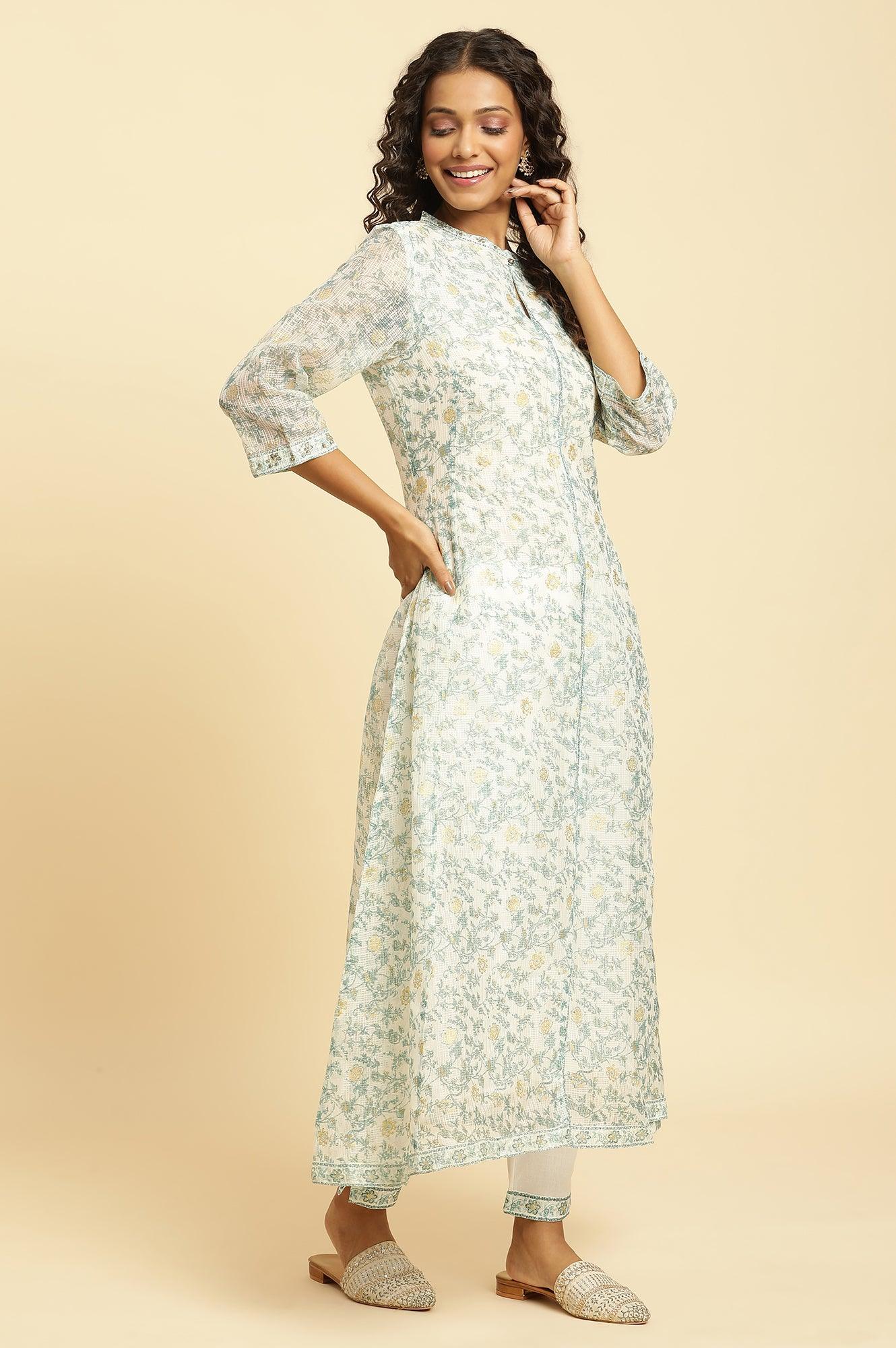 W for Woman Ecru Kota Kurta With Green Floral Print