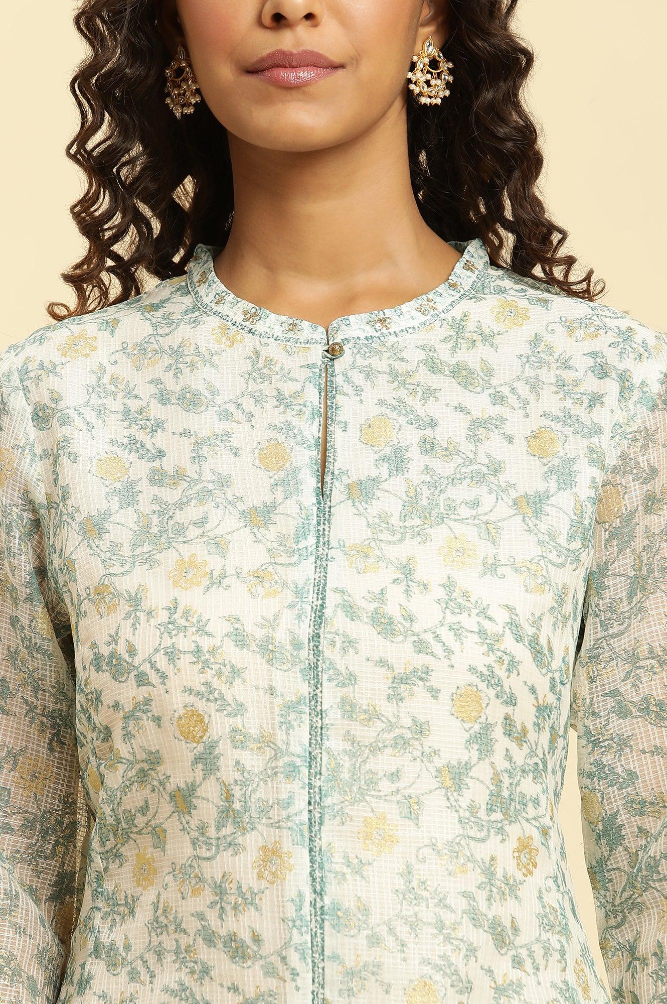 W for Woman Ecru Kota Kurta With Green Floral Print