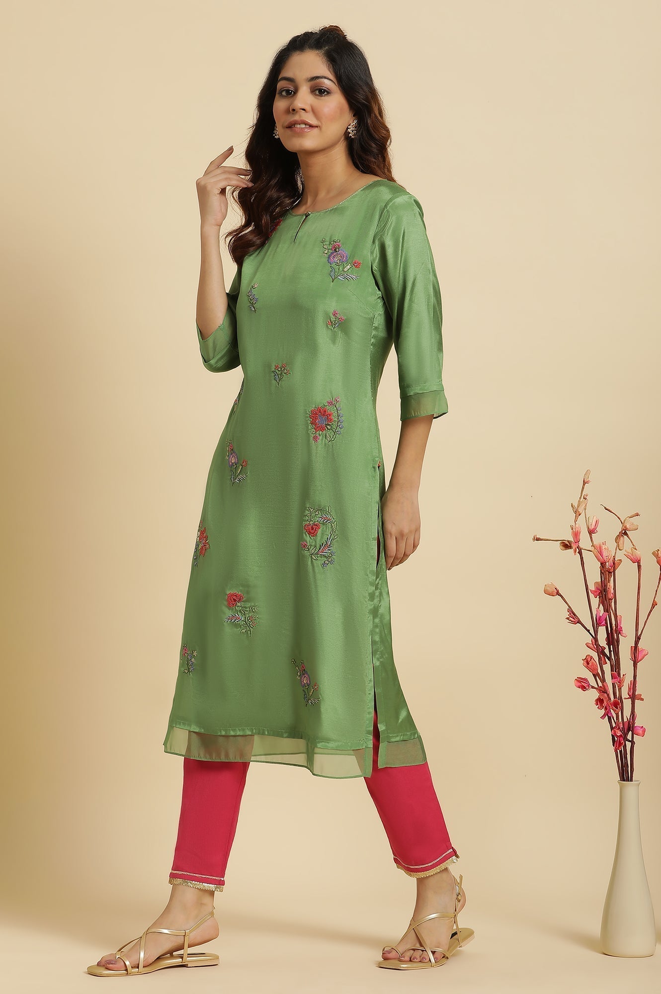 W for Woman Green Embroidered Shantun Festive Kurta