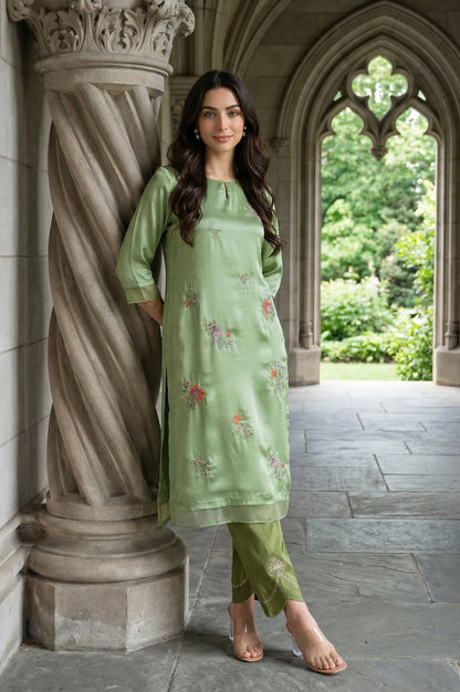 W for Woman Green Embroidered Shantung Straight Festive Kurta