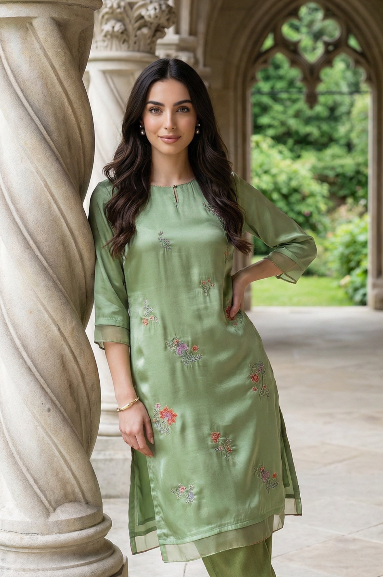 W for Woman Green Embroidered Shantung Straight Festive Kurta
