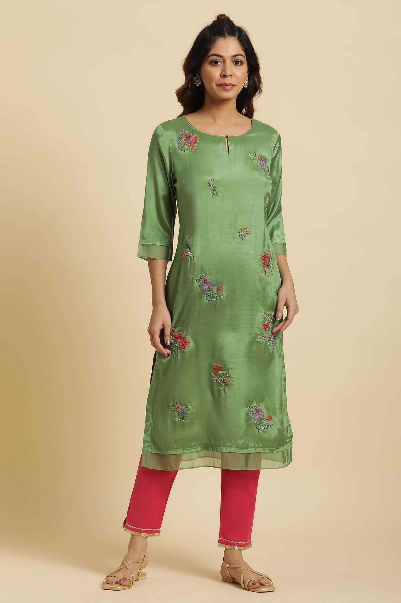 W for Woman Green Embroidered Shantun Festive Kurta