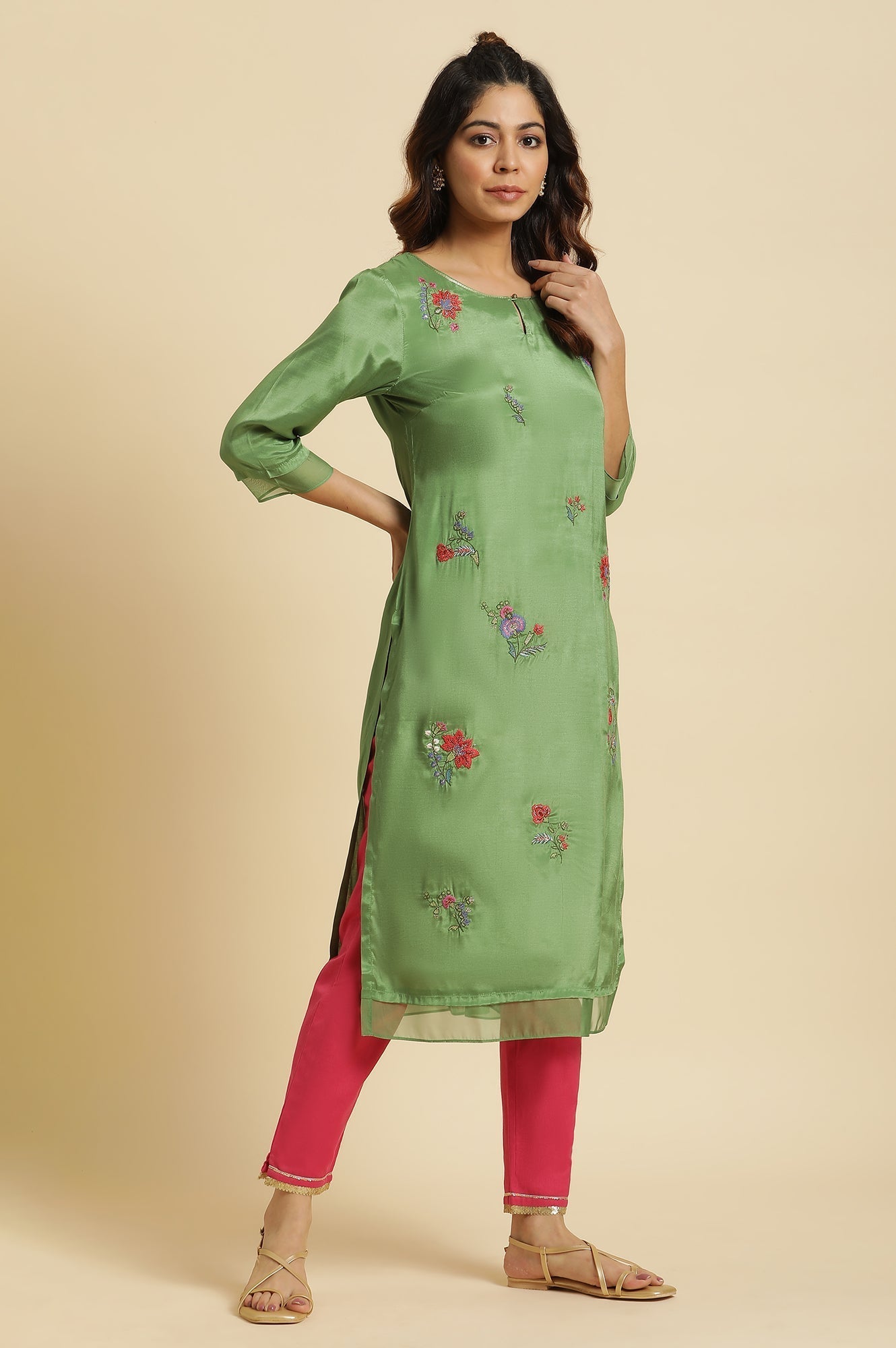W for Woman Green Embroidered Shantun Festive Kurta