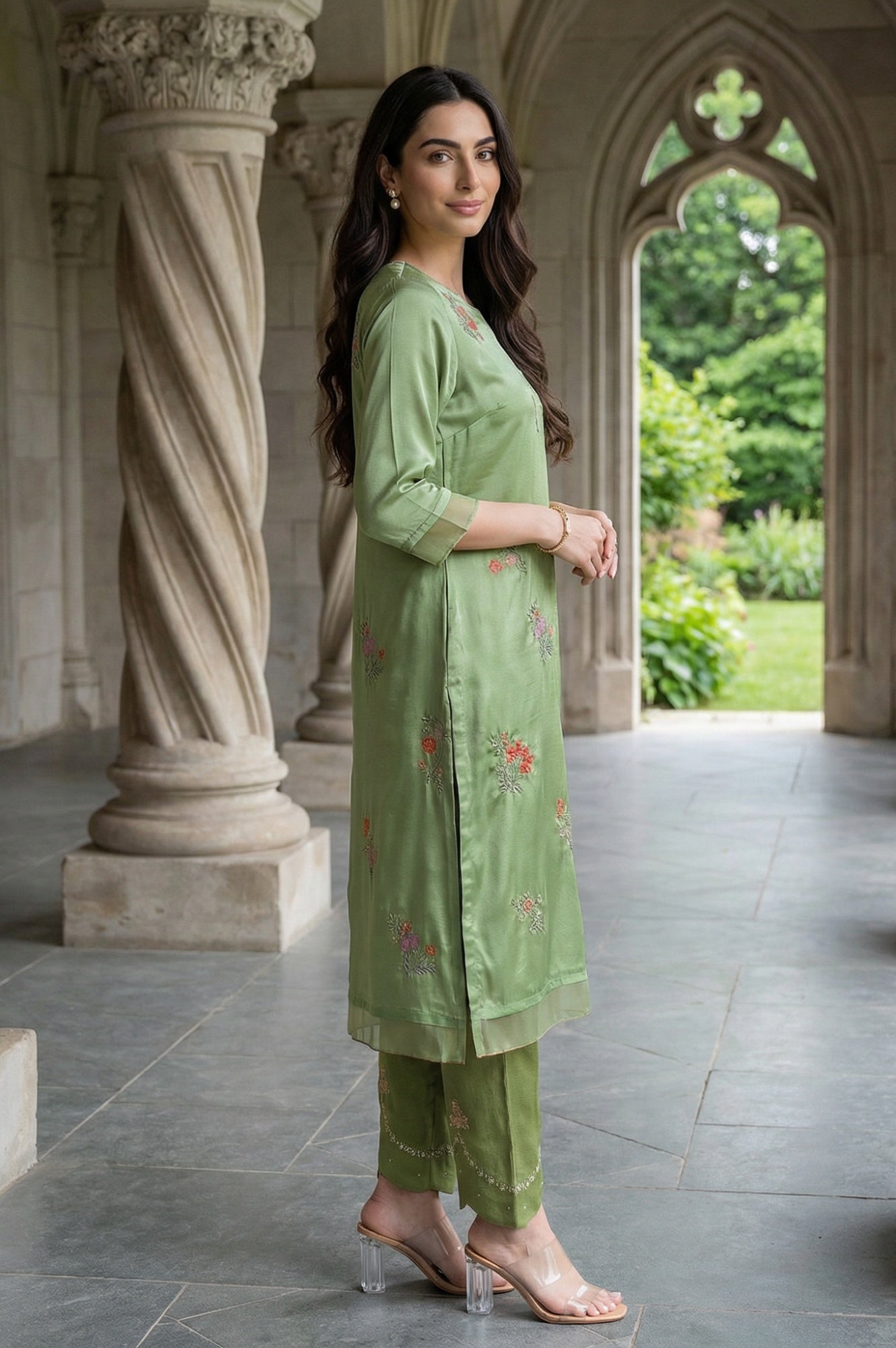 W for Woman Green Embroidered Shantung Straight Festive Kurta