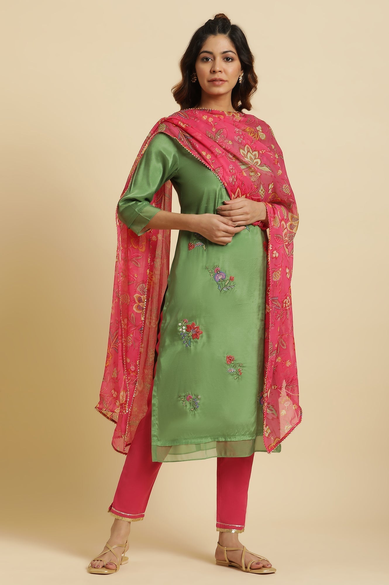 W for Woman Green Embroidered Shantun Festive Kurta
