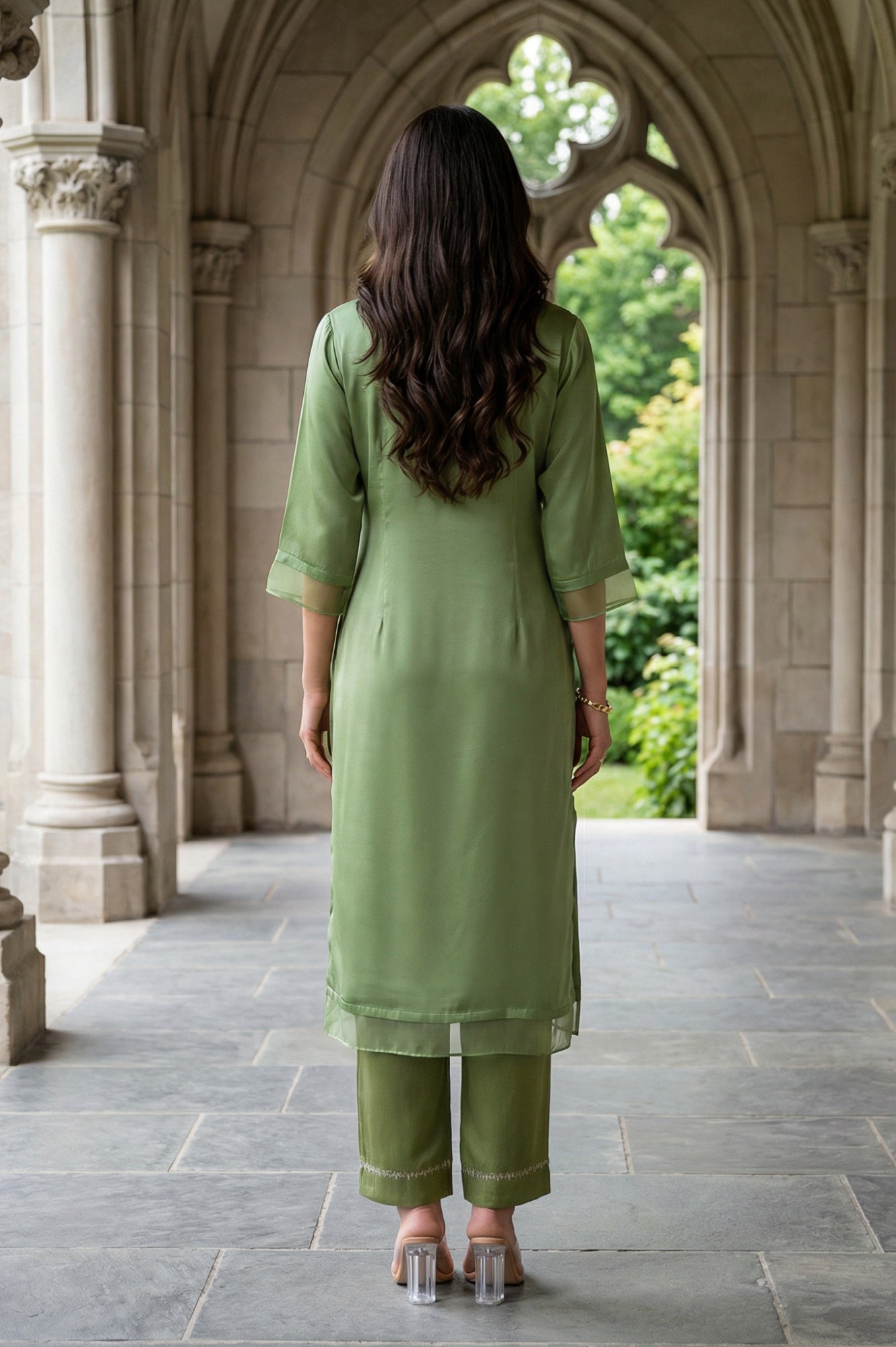 W for Woman Green Embroidered Shantung Straight Festive Kurta